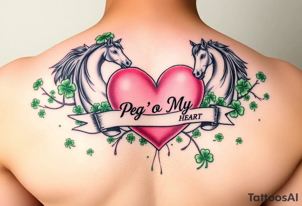A lot of green shamrocks & horses with a big Pink heart and a banner across the heart that says Peg 'o My Heart tattoo idea