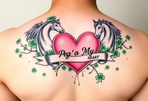 A lot of green shamrocks & horses with a big Pink heart and a banner across the heart that says Peg 'o My Heart tattoo idea