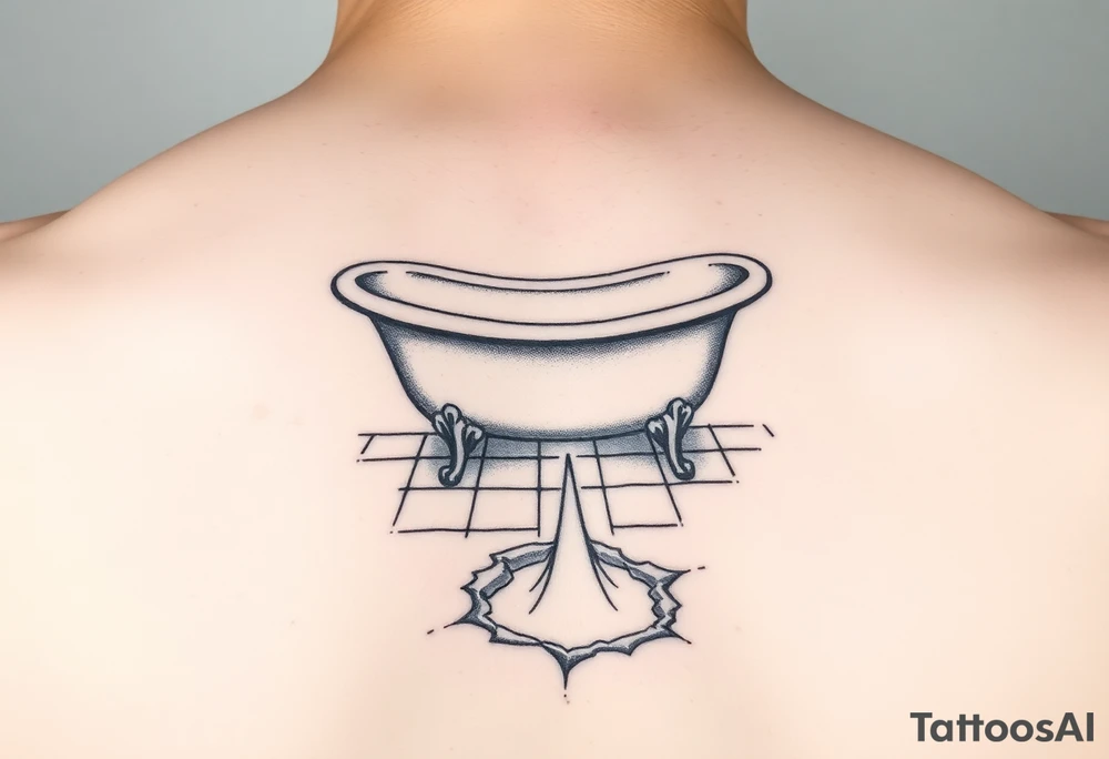 clawfoot bathtub on a tile floor and light coming up out of a crack on the floor tattoo idea