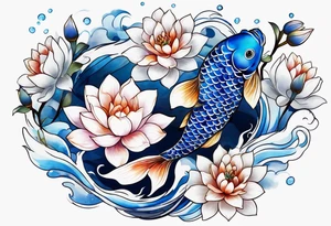 Two Blue and white  Koi swimming between and lotus flowers tattoo idea