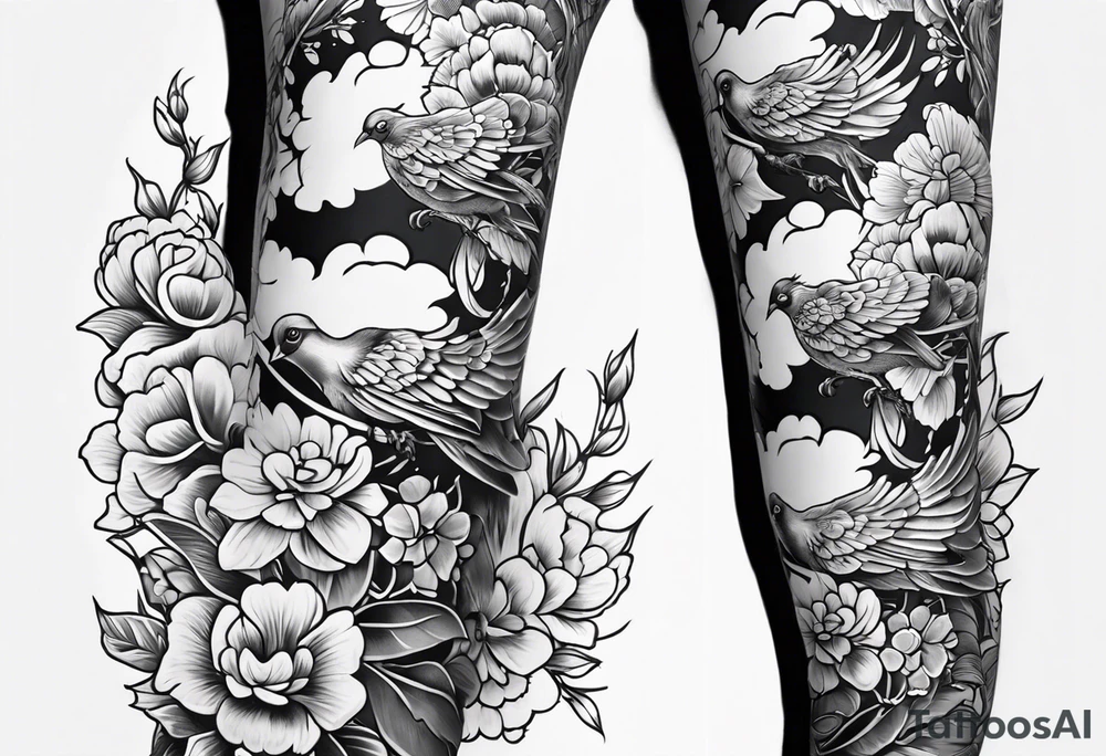 traditional style
leg sleeve with a bird and flowers tattoo idea