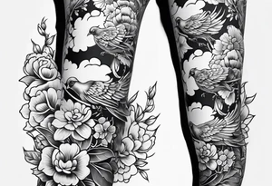 traditional style
leg sleeve with a bird and flowers tattoo idea