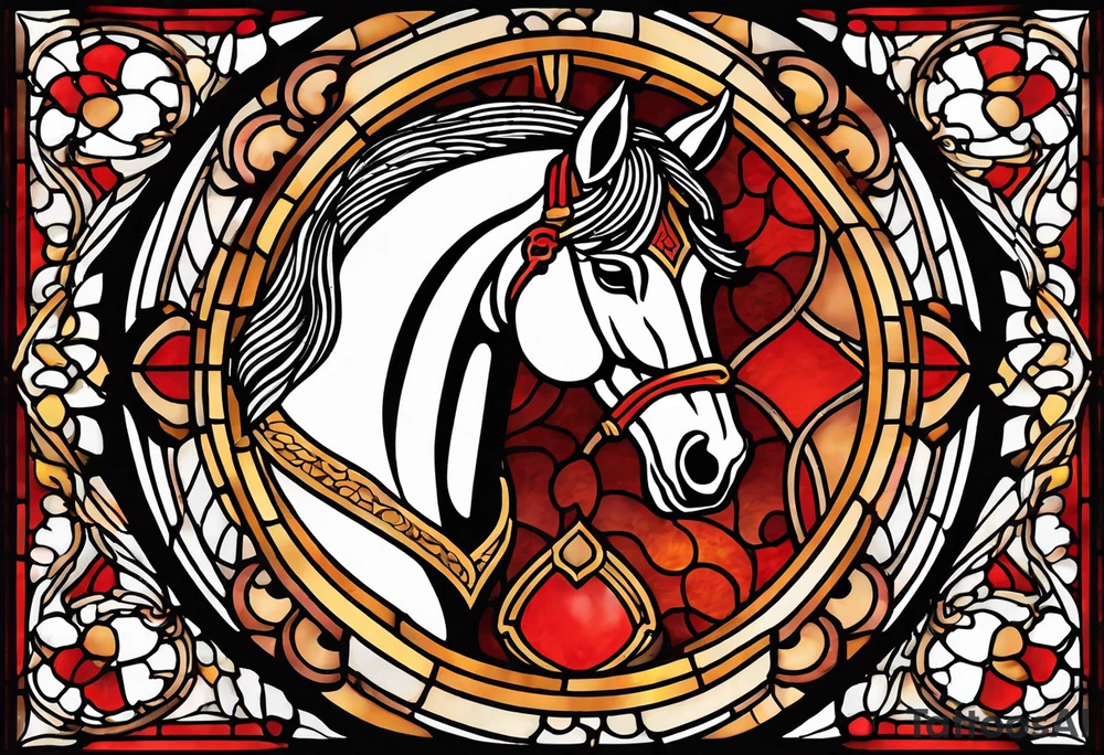 an arched stained glass window with a horse's head. The horse is red and brown colour. tattoo idea