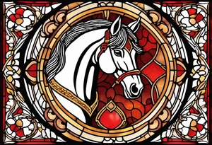 an arched stained glass window with a horse's head. The horse is red and brown colour. tattoo idea