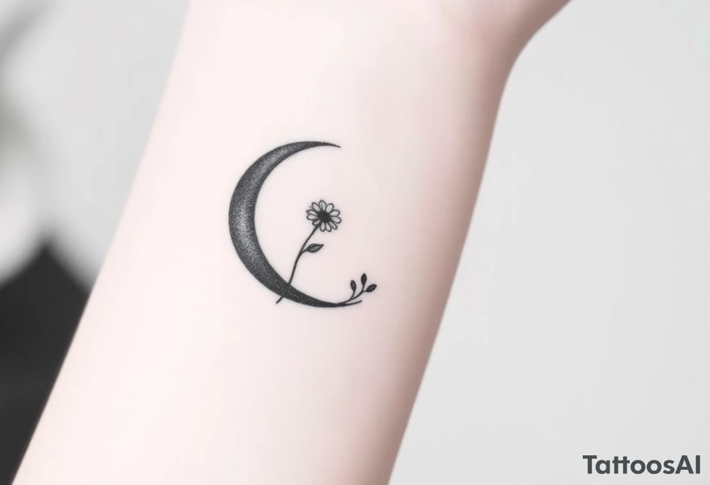 Small black and white tattoo waxing crescent moon with small Daisy birth flower and tiny Leo gliph tattoo idea