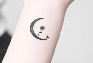 Small black and white tattoo waxing crescent moon with small Daisy birth flower and tiny Leo gliph tattoo idea