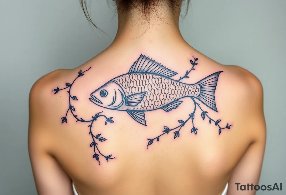 Fish intertwined with climbing vines and thorny vines tattoo idea
