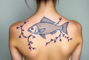 Fish intertwined with climbing vines and thorny vines tattoo idea
