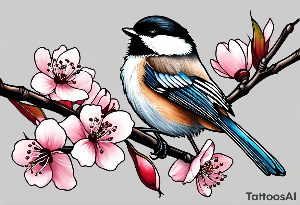 Chickadee on cherry blossom branch tattoo idea