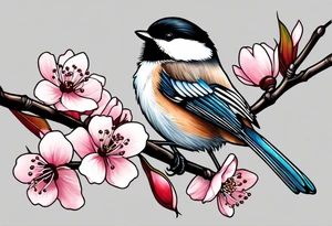 Chickadee on cherry blossom branch tattoo idea