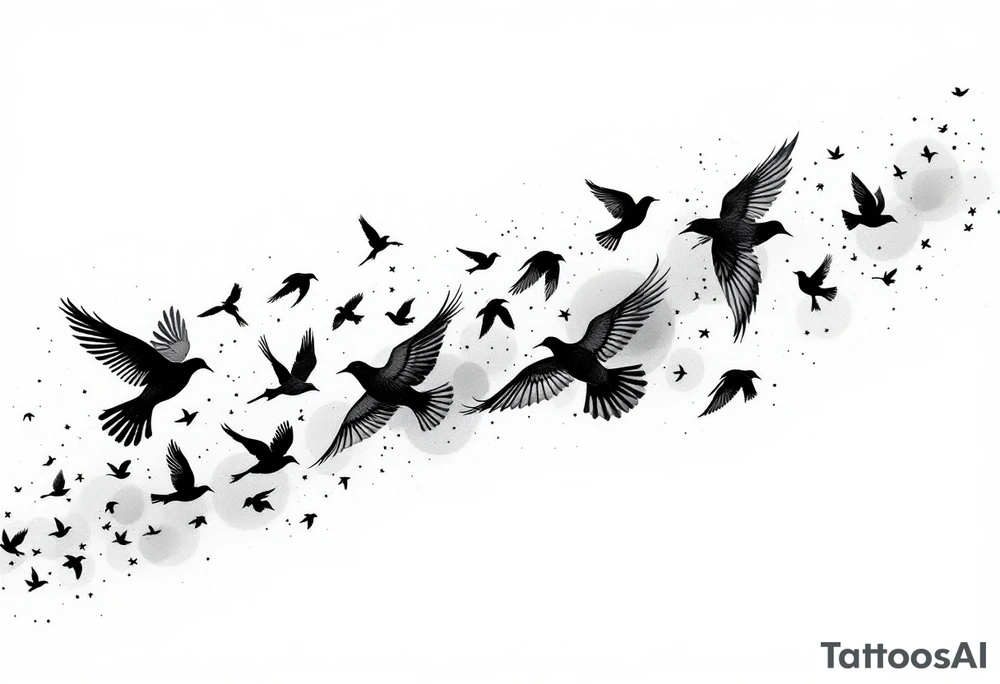 Flock of birds in flight across a fading sky – A dynamic group of birds soaring in various stages of flight, moving from the wrist toward the shoulder (or across the back). The birds start as detailed silhouettes in rich black and gradually become lighter and more abstract, as if dissolving into the wind. tattoo idea