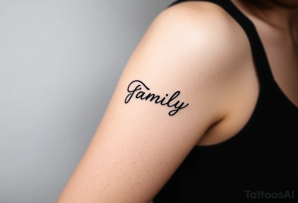 A flowing infinity symbol intertwined with the word "family" written in elegant cursive, symbolizing endless love and connection tattoo idea