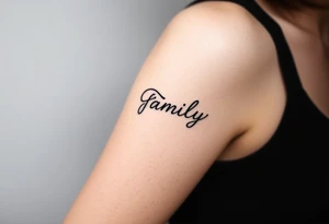 A flowing infinity symbol intertwined with the word "family" written in elegant cursive, symbolizing endless love and connection tattoo idea