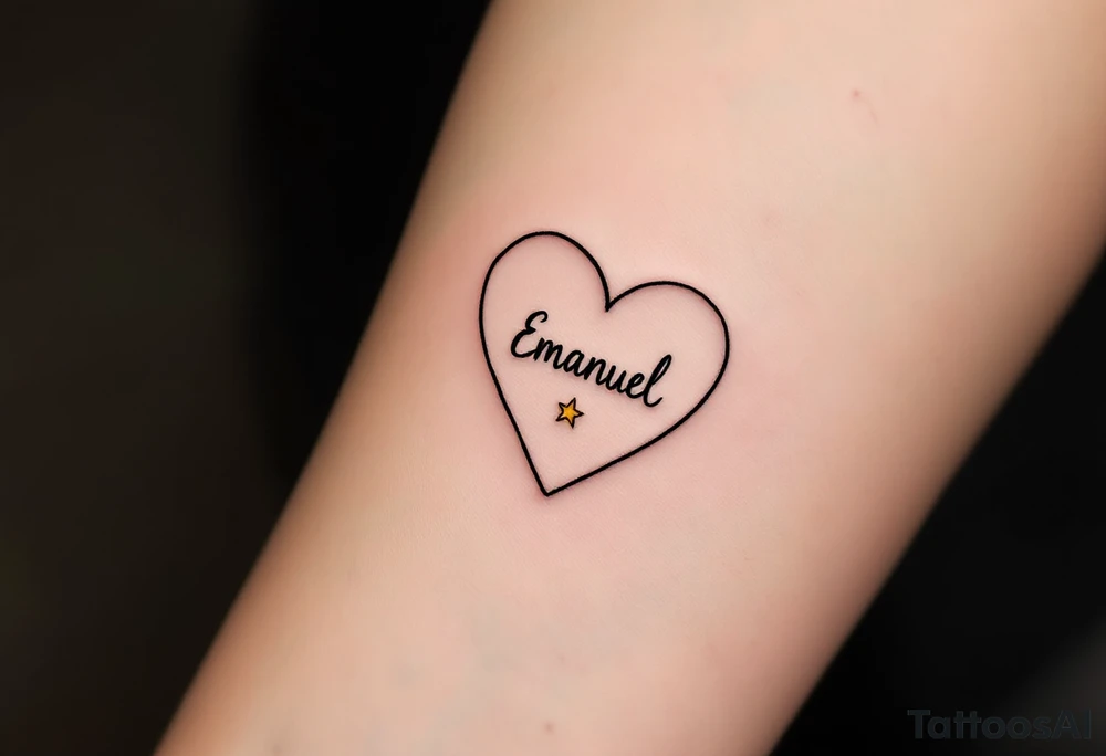 A fine-line heart in black, with the name "Emanuel" scripted inside in a rich gold font, paired with a small, soft yellow star to symbolize guidance. tattoo idea