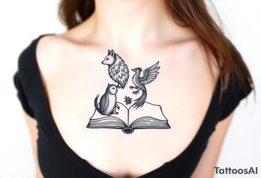 An open book with silhouettes of a werewolf, owl, dragon & phoenix above it tattoo idea