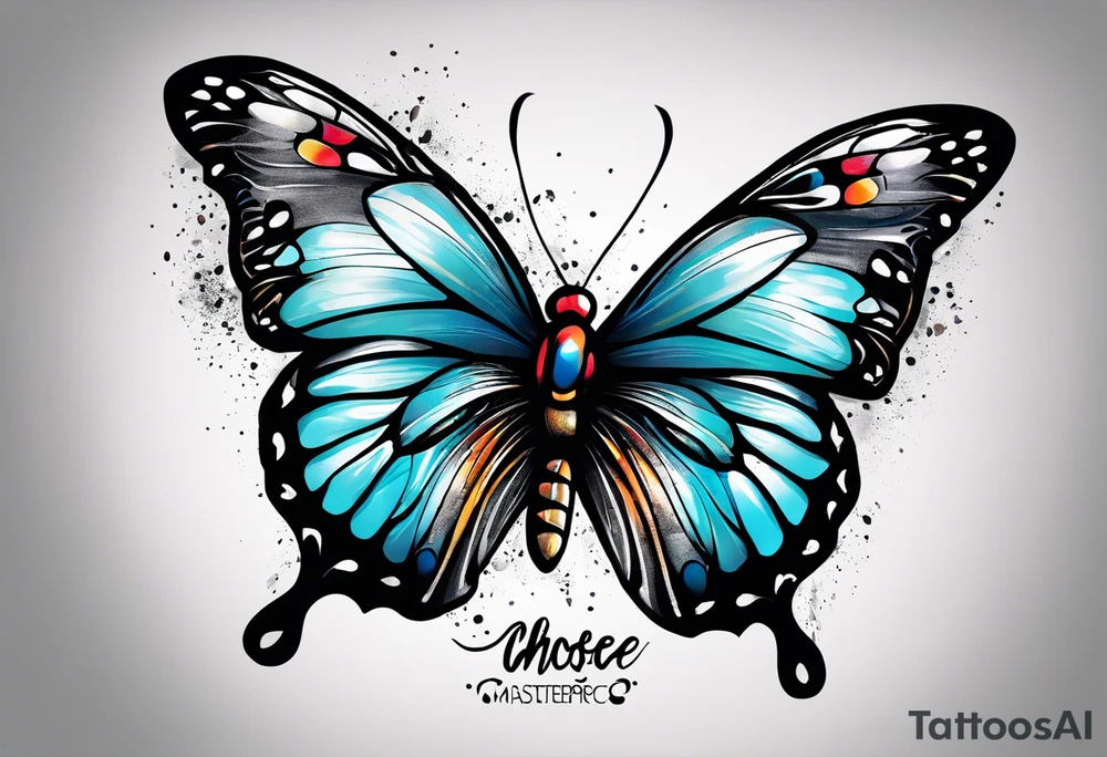 butterfly with one wing black scribbles, the other wing beautiful and colorful, the body has the date 1.9.2023 and the words written "I chose to live." tattoo idea