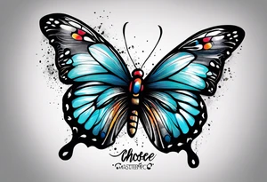 butterfly with one wing black scribbles, the other wing beautiful and colorful, the body has the date 1.9.2023 and the words written "I chose to live." tattoo idea