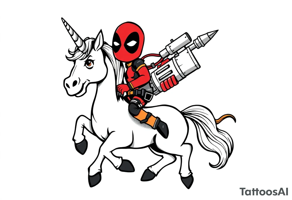 Deadpool riding cartoon unicorn holding Russian era Rocket tattoo idea