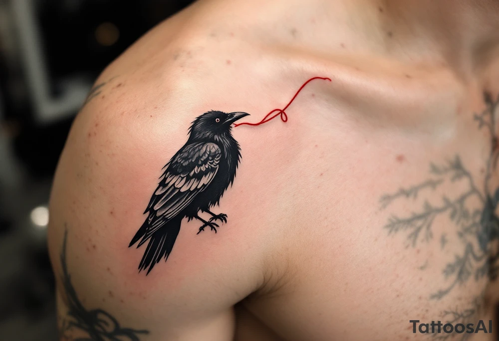 Crow with Red Thread – A black crow clutching a thin red thread in its beak, symbolizing fate or connection. Minimalistic style with just a pop of crimson. tattoo idea