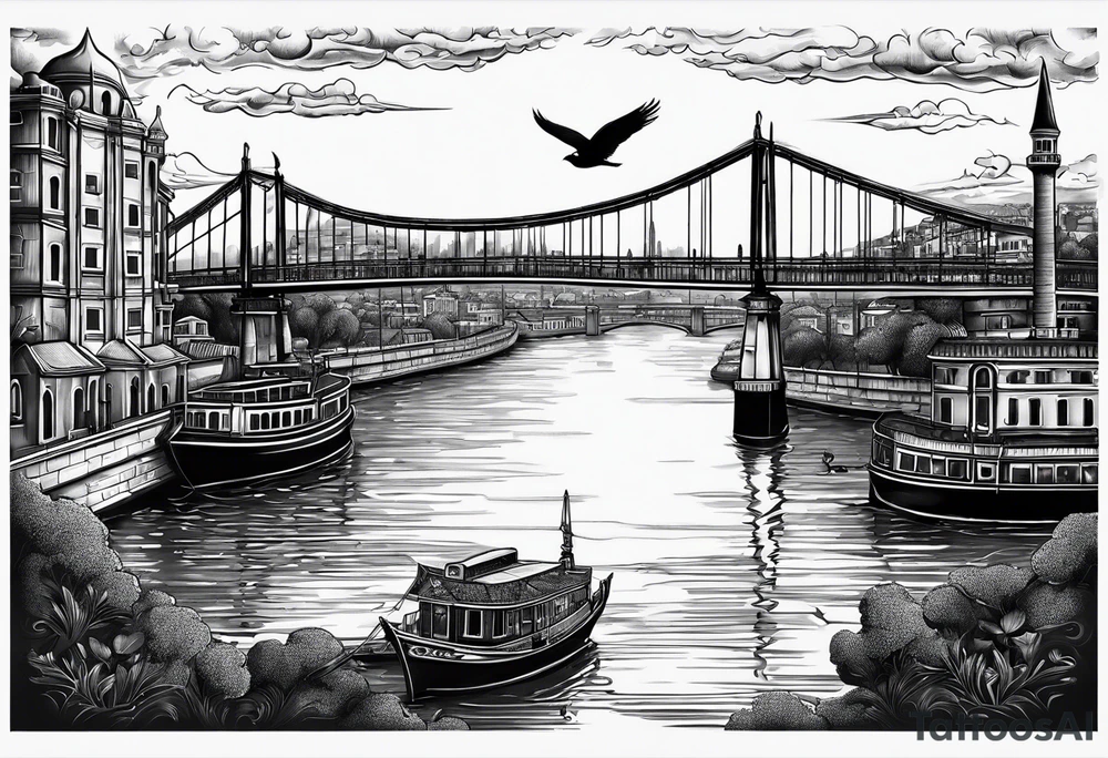 Istanbul bridge and behind them a yellow canary tattoo idea