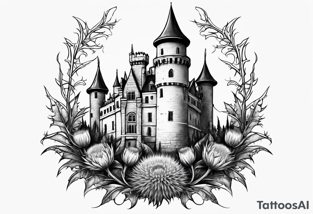 Thistles growing around a castle turret tattoo idea