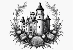 Thistles growing around a castle turret tattoo idea