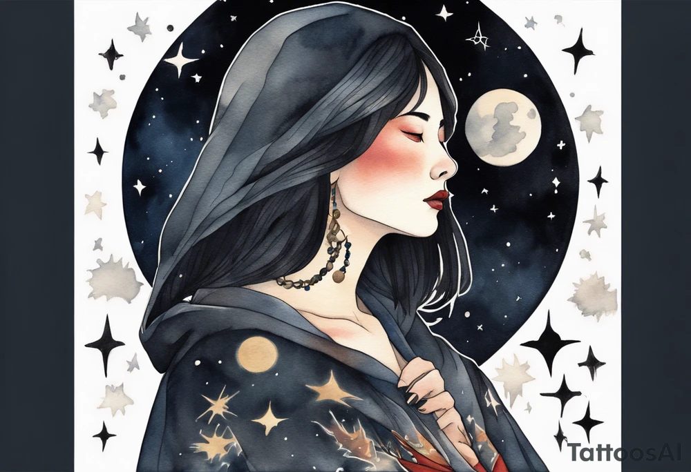 a beautiful 50-year-old Dakota woman wearing black cloak with the night sky in the background tattoo idea