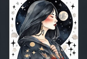 a beautiful 50-year-old Dakota woman wearing black cloak with the night sky in the background tattoo idea