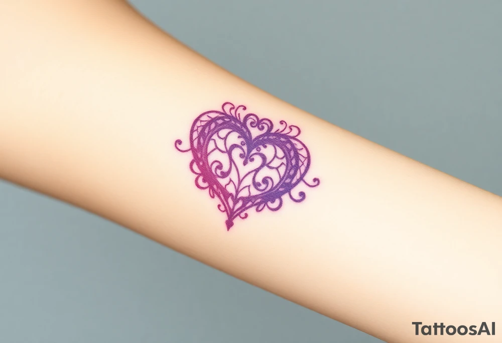 A symmetrical lace heart shaped bracelet with a soft ombré effect, transitioning from pink to deep purple tattoo idea