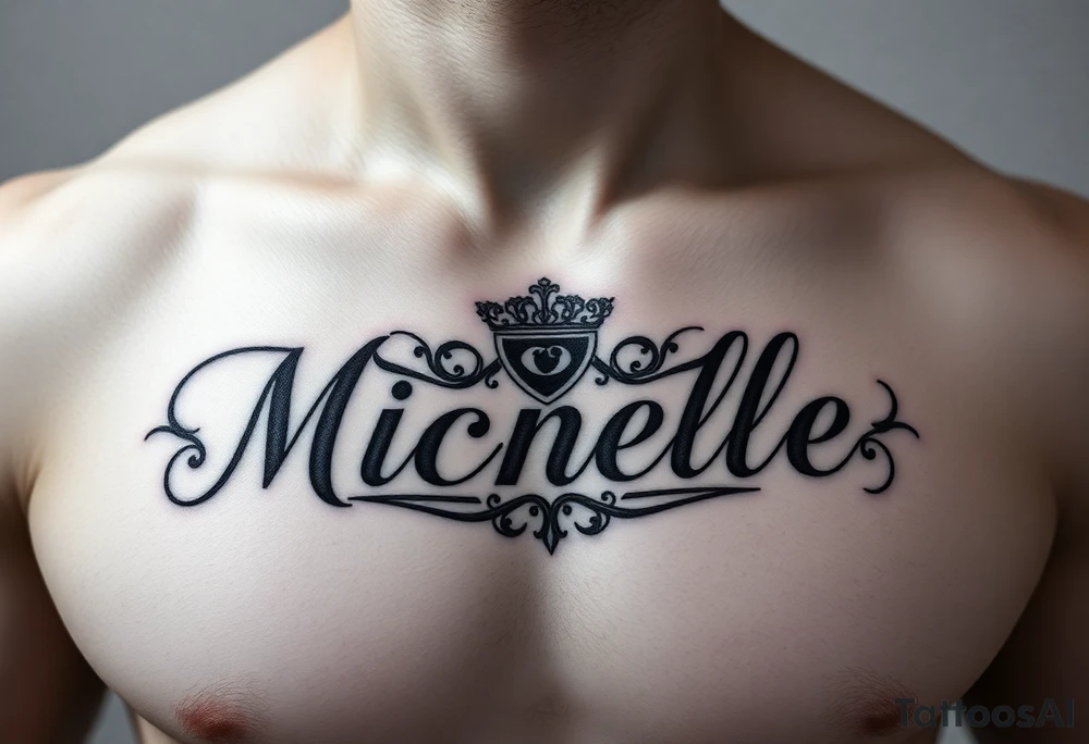 Design a tattoo for a man’s chest of a woman’s name (Michelle). Incorporate a subtle Irish Claddagh tattoo idea