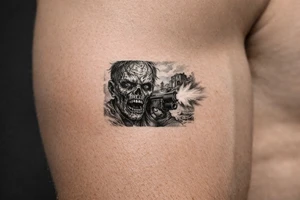 Detailed zombie face, shotgun muzzle flash, dusty, desolate landscape. tattoo idea
