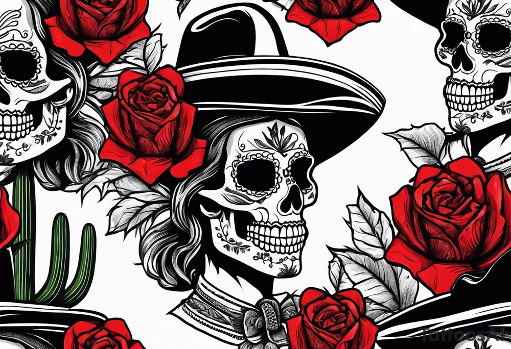 day of dead, red rose, Mexican hat, without skull, cactus tattoo idea