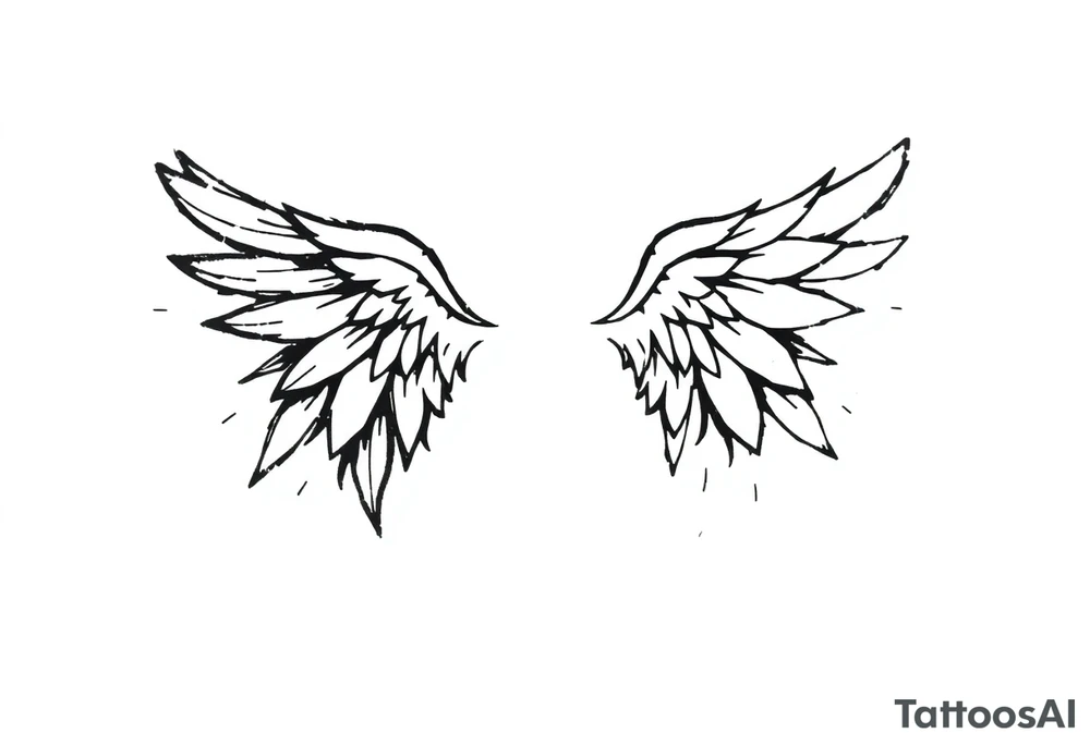 the wings go up

This tattoo design features a pair symmetrical angel wings drawn in black ink with a rough, sketch-like style. The left wing is darker, more defined, and appears denser, while the right wing is lighter, more delicate, and fragmented, creating a contrast between the two. The feathers are sharp and irregular, with fine lines and stray strokes extending outward, adding a raw and artistic feel. The overall look is dynamic and slightly chaotic, giving the impression of movement or an unfinished, ethereal form. This design symbolizes duality, freedom, transformation, or even struggle, making it a meaningful and visually striking tattoo. tattoo idea