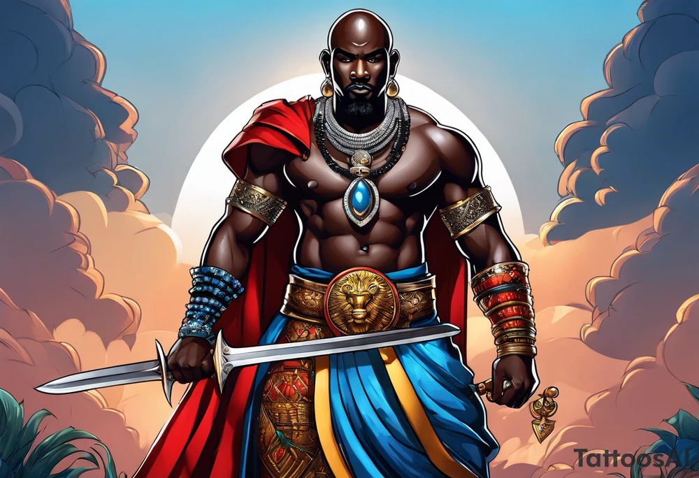 An african god, a bald black-skinned warrior, that uses a sword and a silver crown. He also uses blue and red necklaces tattoo idea