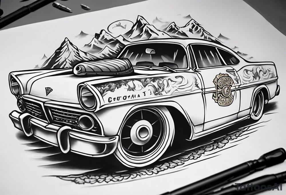 Create a tattoo design of my company called “Viking Customs” i want the name in the tattoo with an old classic vintage car tattoo idea