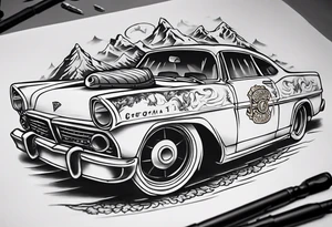 Create a tattoo design of my company called “Viking Customs” i want the name in the tattoo with an old classic vintage car tattoo idea