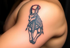 An Anubis with a Halo – Blending Egyptian mythology with Christian spirituality, symbolizing protection and righteousness. tattoo idea