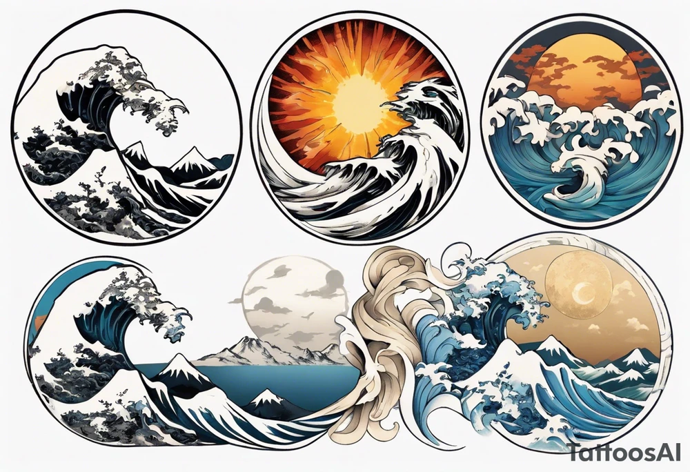 sun and moon in yin yang symbol 
over ocean wave and mountains tattoo idea