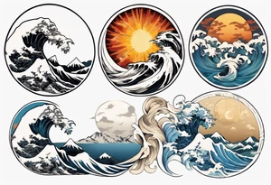 sun and moon in yin yang symbol 
over ocean wave and mountains tattoo idea