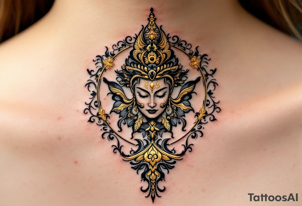 Mantra "Om Mani Padme Hum" in black ink with gold accents, expressing the essence of compassion. tattoo idea