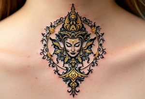 Mantra "Om Mani Padme Hum" in black ink with gold accents, expressing the essence of compassion. tattoo idea