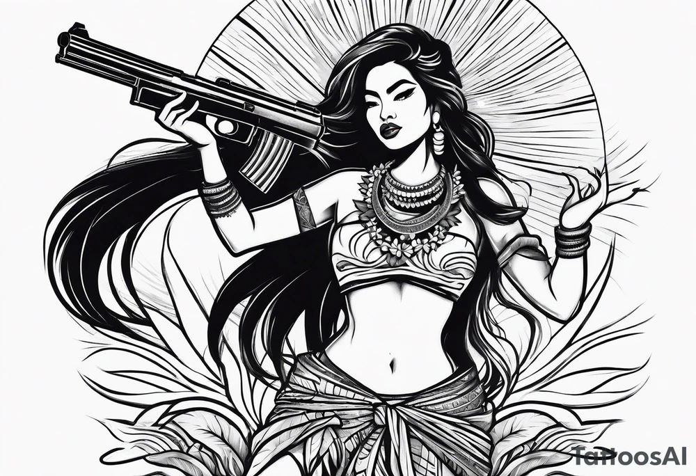 old school hula girl of tahiti who dance with famas gun tattoo idea