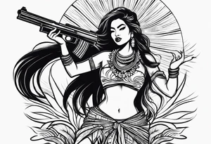 old school hula girl of tahiti who dance with famas gun tattoo idea