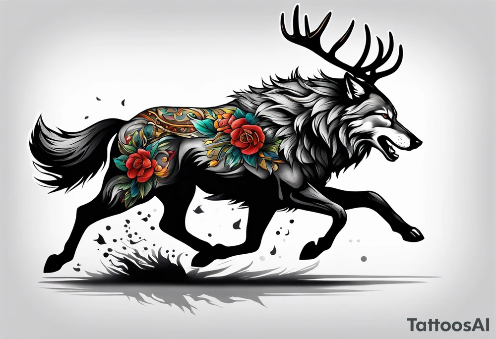 stag running with wolf tattoo idea