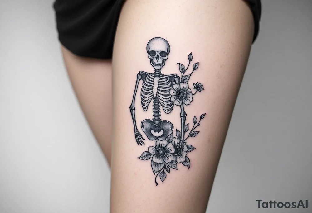 Pretty Nurse skeleton with peonies and honey combs tattoo idea