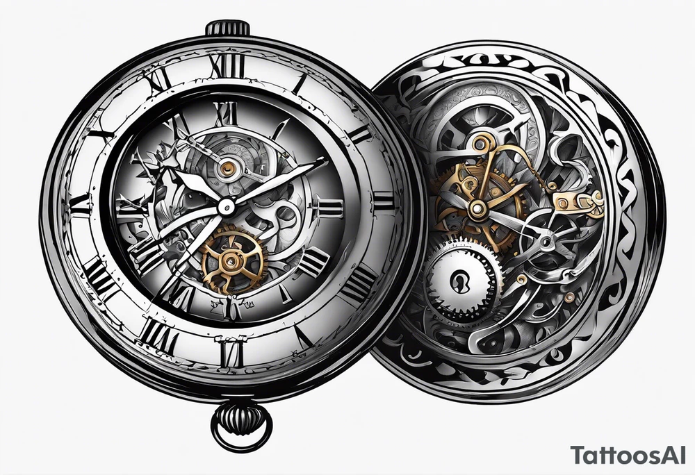 Old school pocket watch exploded showing inner mechanism tattoo idea