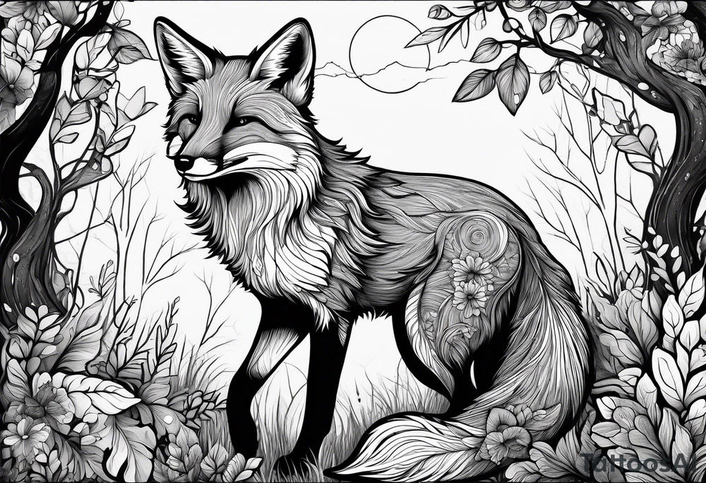 A playful fox with a bushy tail, set in a lush forest, illustrating cleverness and adaptability.” tattoo idea