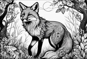 A playful fox with a bushy tail, set in a lush forest, illustrating cleverness and adaptability.” tattoo idea