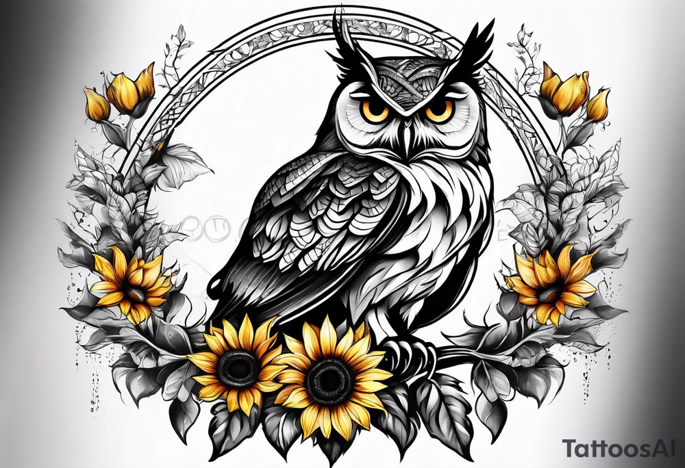 Owl and sunflower sleeve tattoo idea