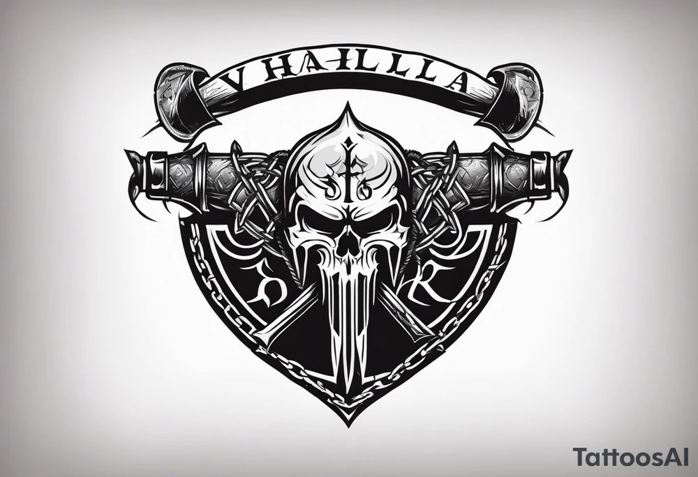Valhalla round shield axe barbed wire chains tattoo idea
